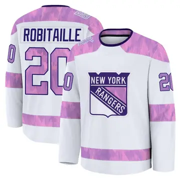 Men's Luc Robitaille New York Rangers ＃20 Premium White 2024 Hockey Fights Cancer Practice Jersey