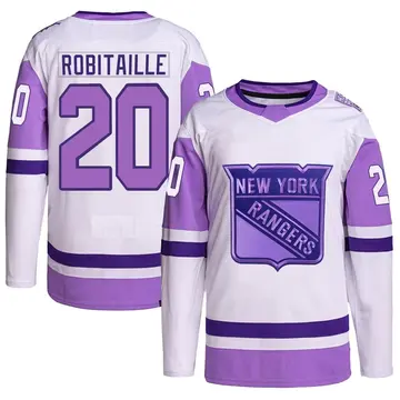 Youth Luc Robitaille New York Rangers ＃20 Authentic White/Purple Hockey Fights Cancer Primegreen Jersey